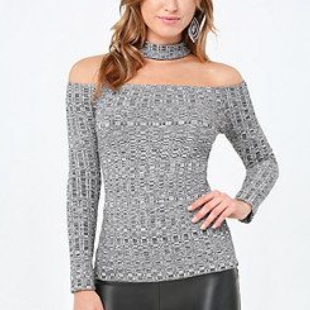 BEBE NIGHT Off-Shoulder Collared Long Sleeved Ribbed Top *Discontinued*